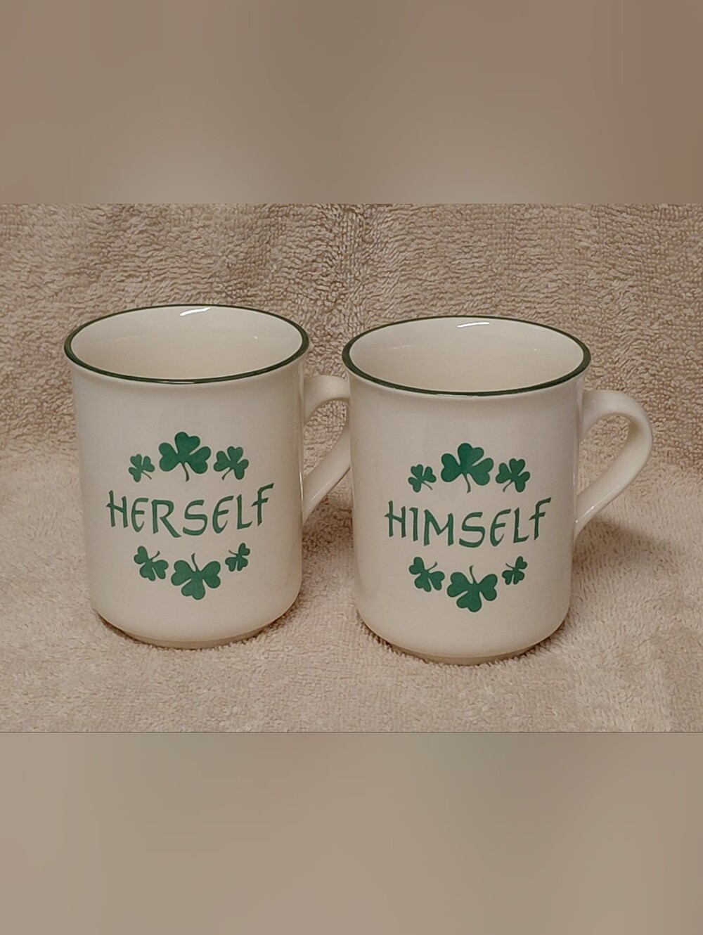 CARRIGALINE POTTERY Himselfโ๏ธHerself Ceramic Irish Mugs Shamrock Made n Ireland